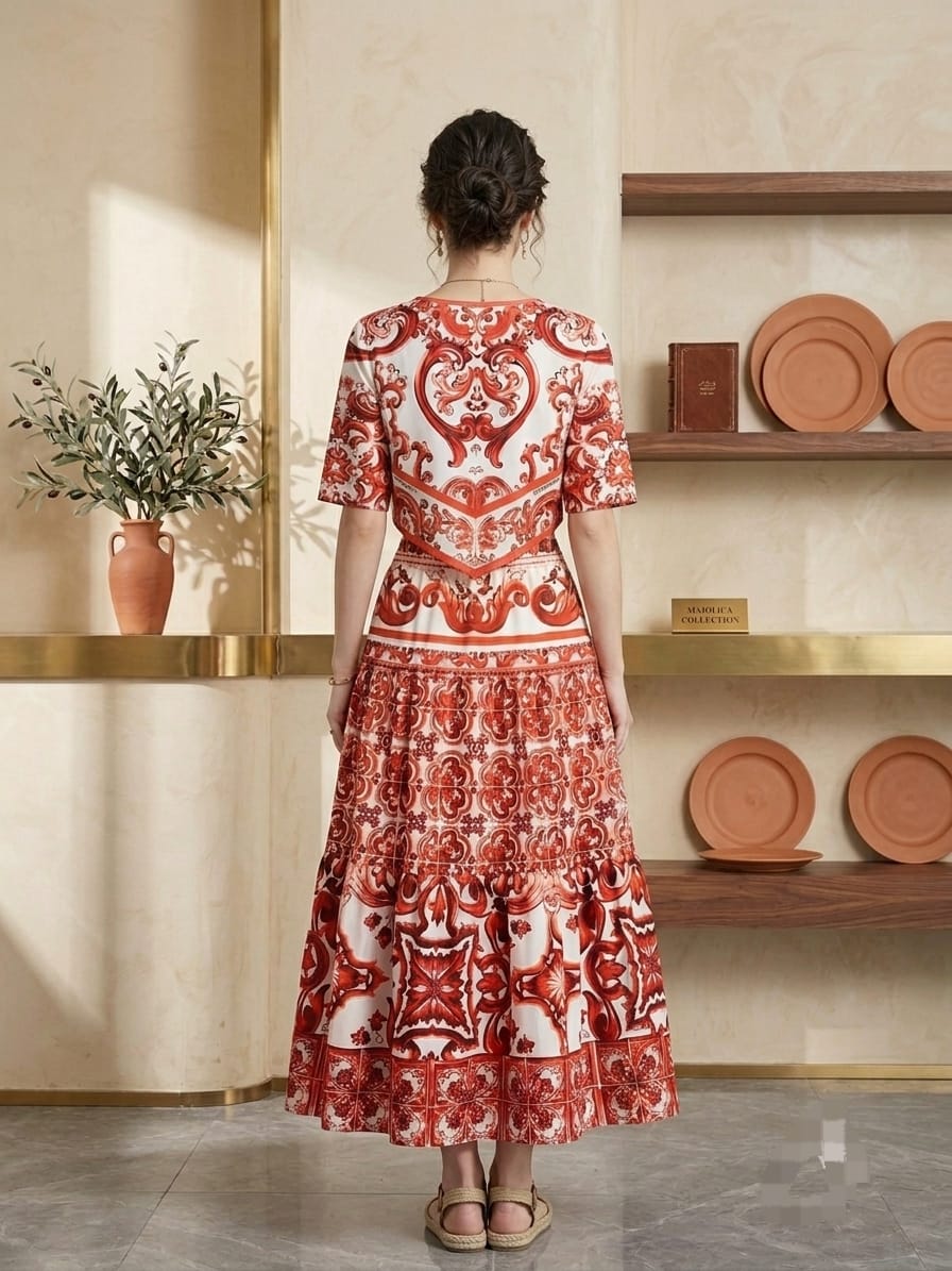DOLCE & GABBANA Red Printed Top and Midi Skirt Set