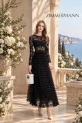 Zimmermann Black Lace Bodice & Tiered Ruffle Tulle Midi Dress