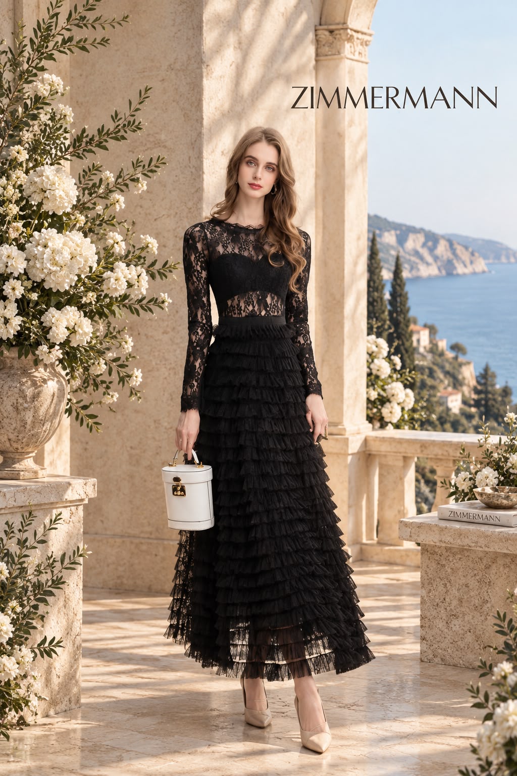 Zimmermann Black Lace Bodice & Tiered Ruffle Tulle Midi Dress