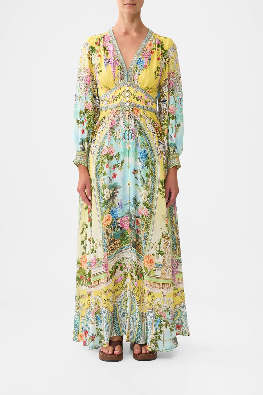 Camilla Floral Print Silk Long-Sleeve Maxi Dress