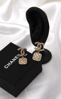 CHANEL – Gold CC Crystal Square Drop Earrings