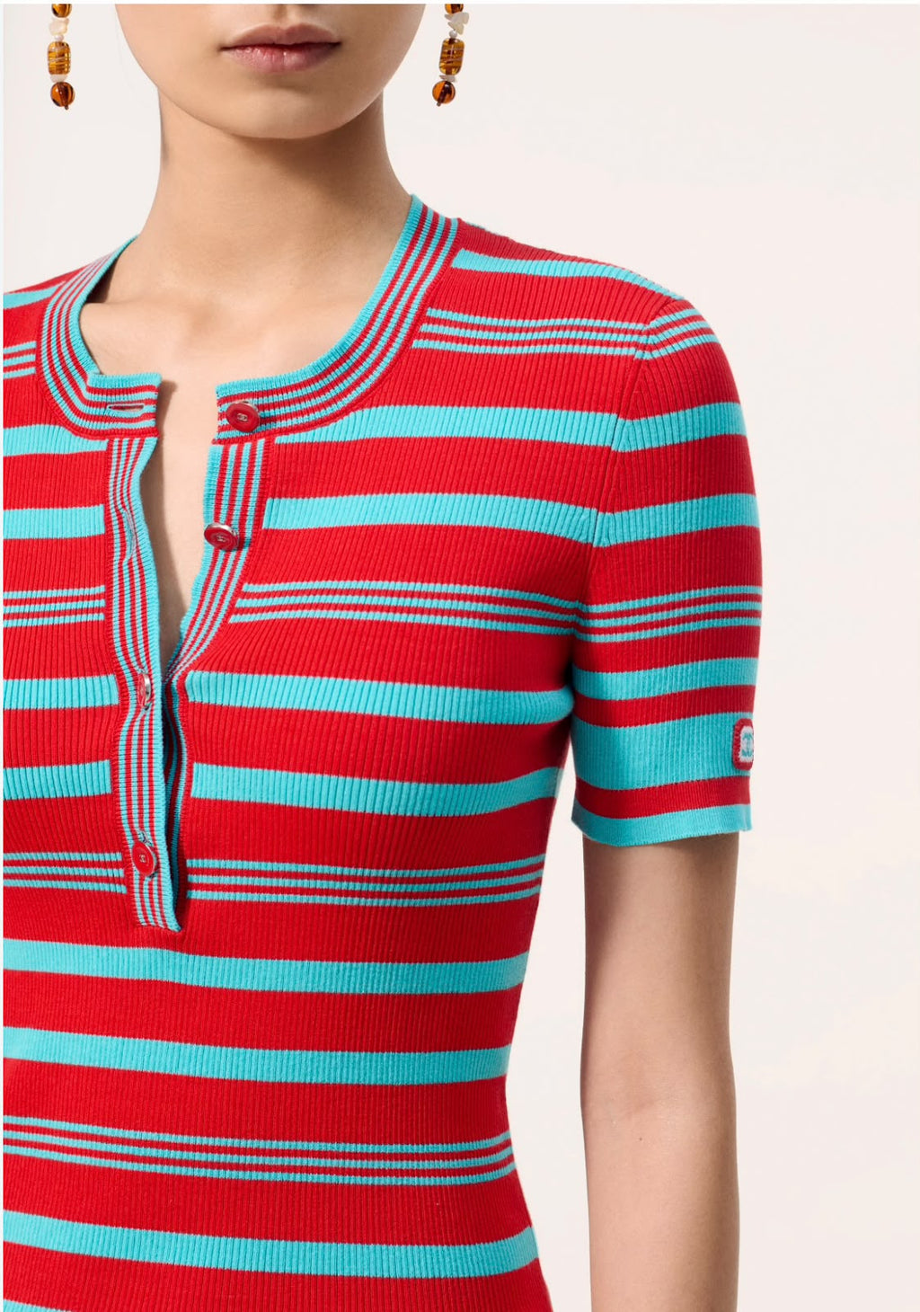 Chanel  Striped Ribbed-Knit Cotton Henley Top