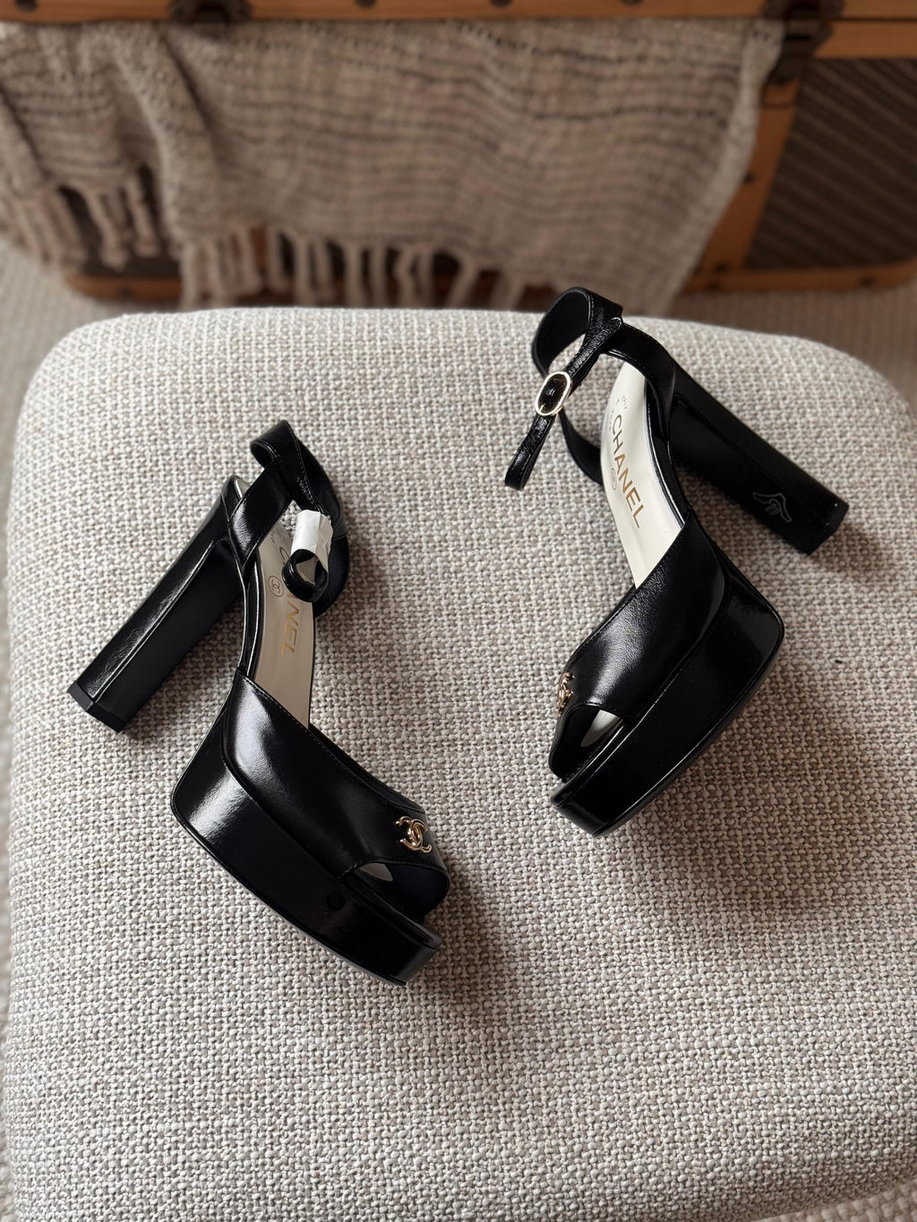 Chanel CC Logo Ankle-Strap Platform Sandals