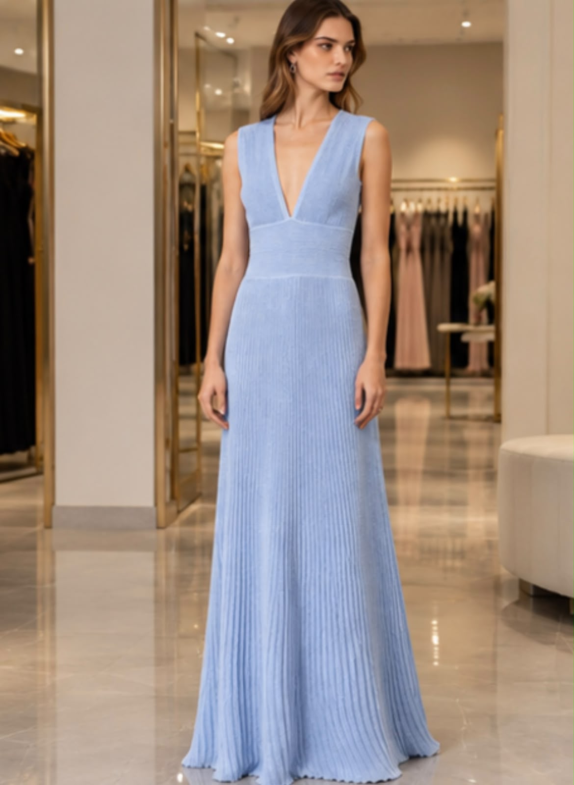 Alaïa V-Neck Ribbed Knit Gown Dress