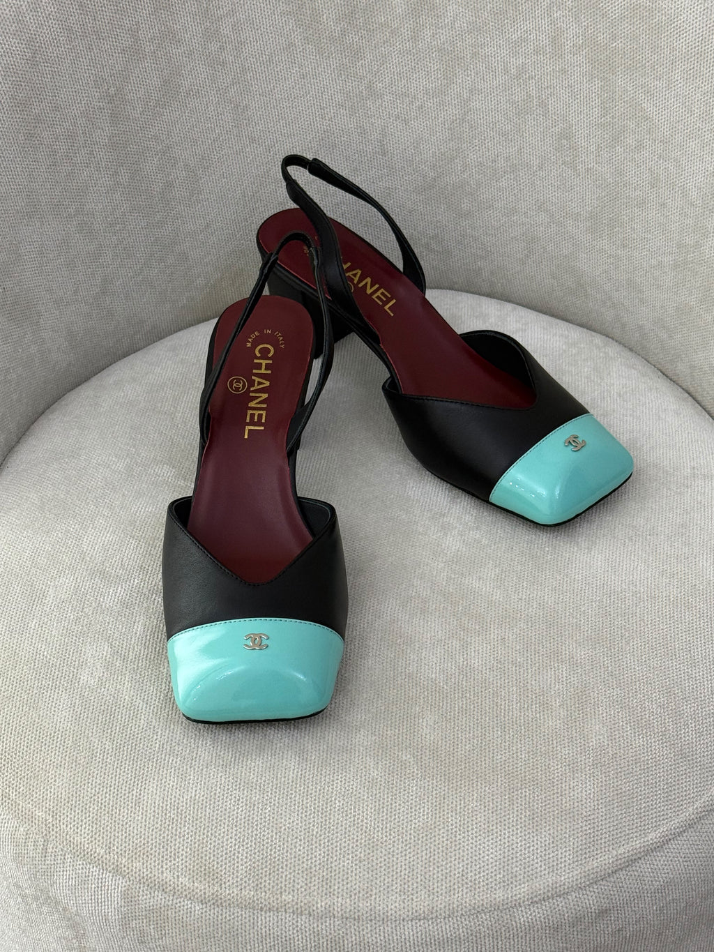 Chanel Patent Cap-Toe Slingback Pumps