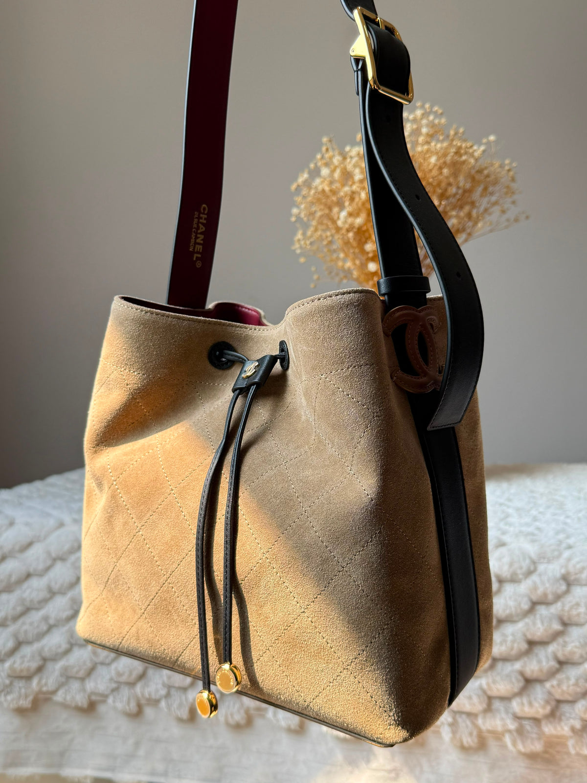 Chanel Quilted Suede Bucket Bag with Drawstring