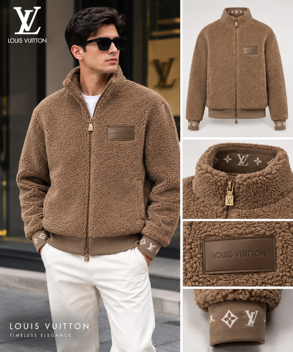 LV Men Monogram Cuff Teddy Zip Jacket
