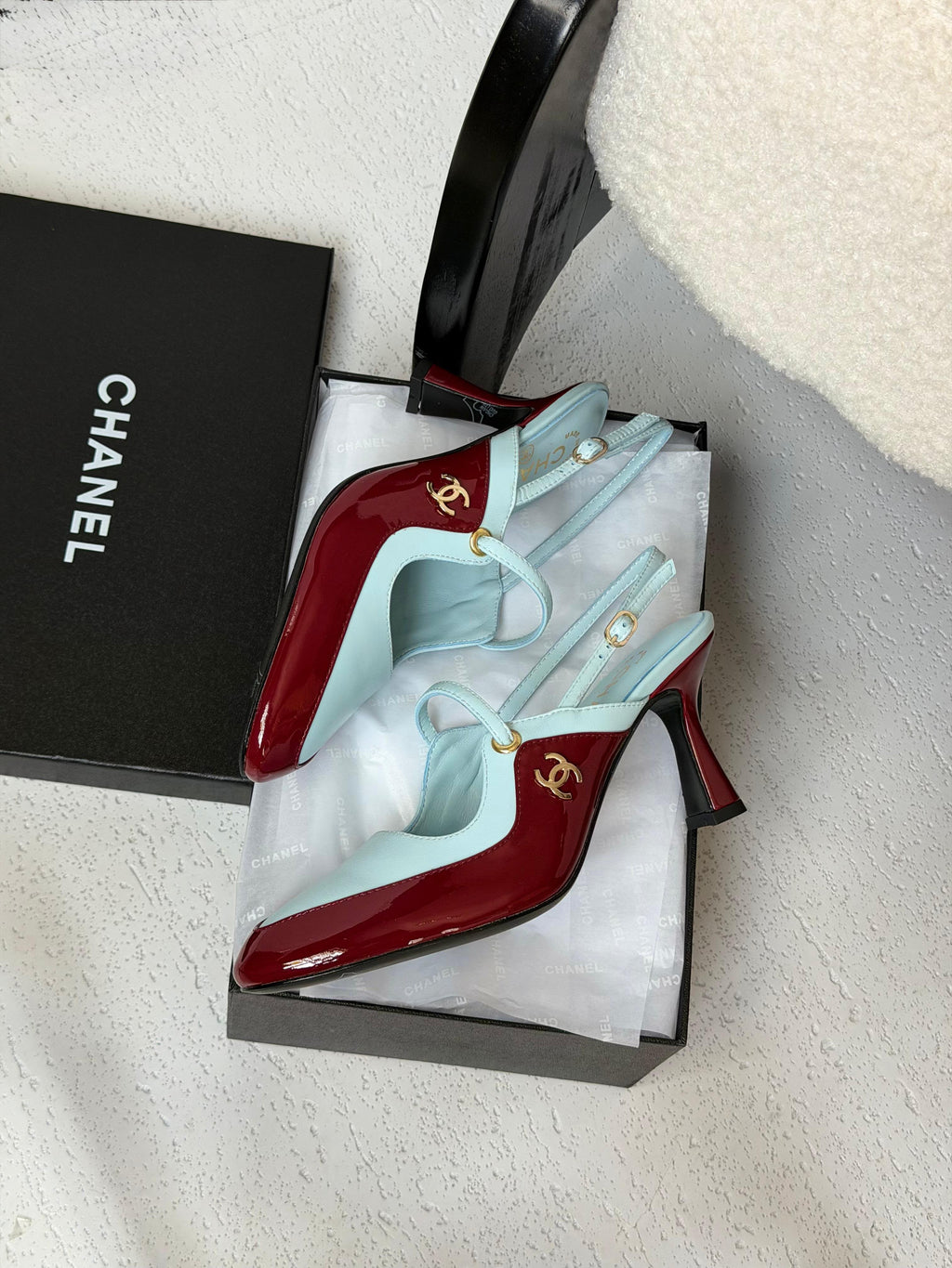 Chanel Two-Tone Patent and Leather Slingback Heels with T-Strap and CC Logo