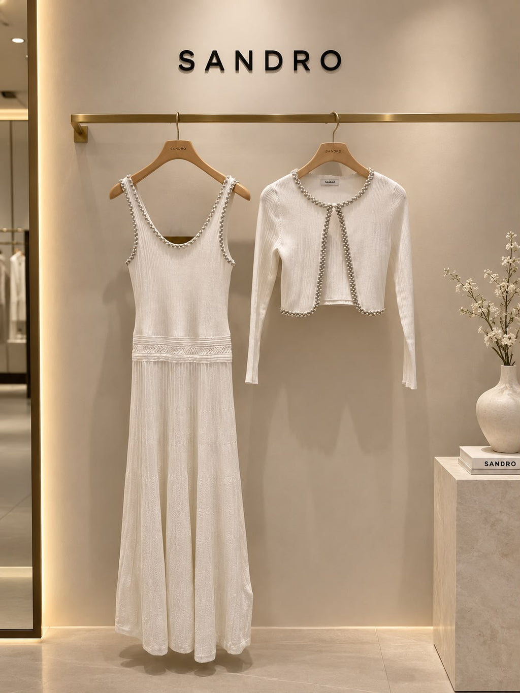 Sandro White Sleeveless Knit Maxi Dress with Pearl-Embellished Neckline