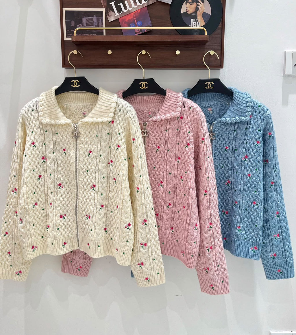 CHANEL Floral Zip-Up Knit Cardigan