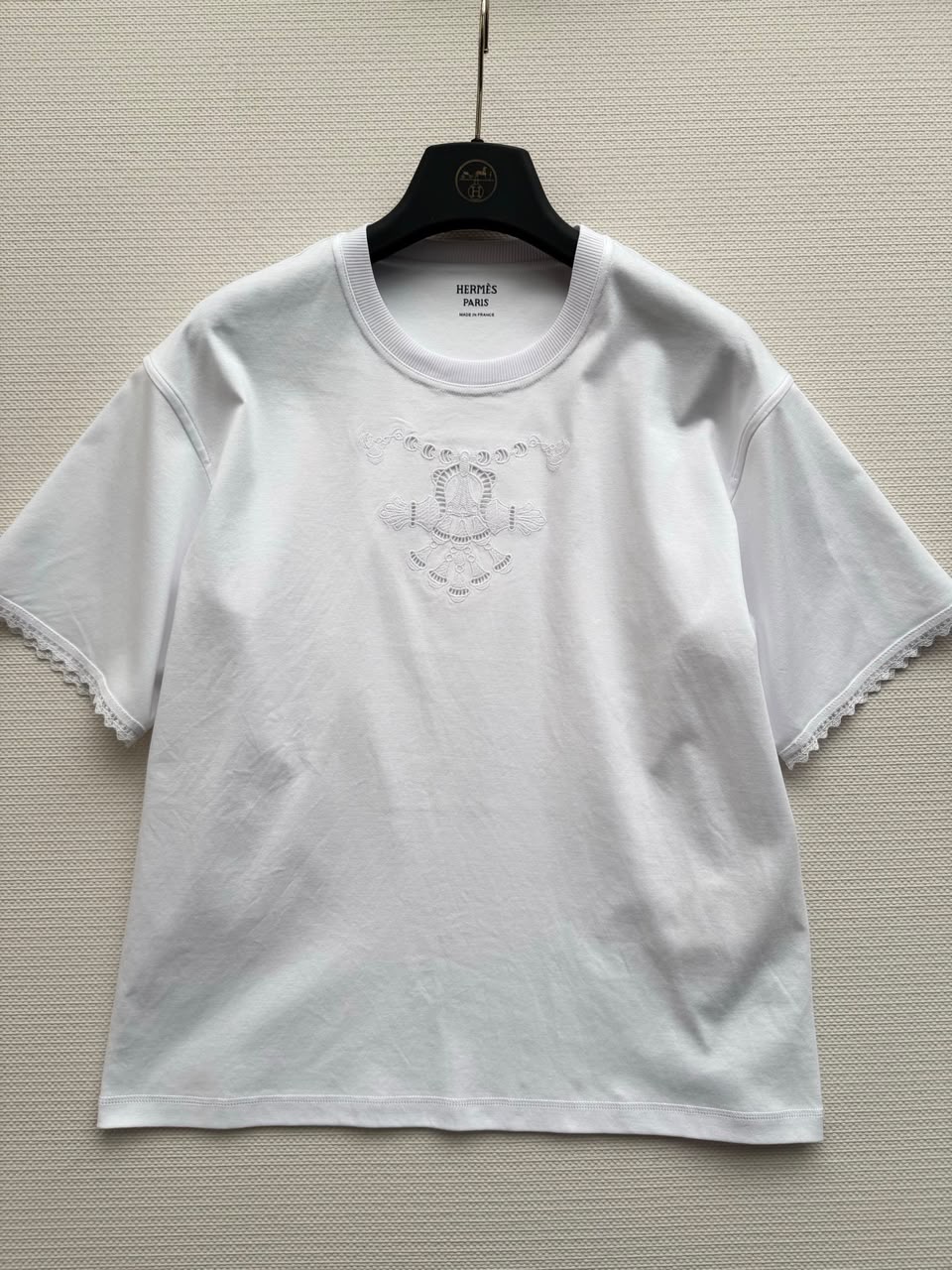 Hermès Tonal Embroidered T-Shirt with Lace Trim