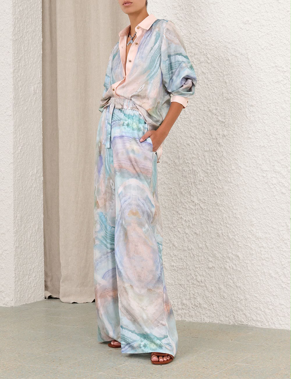 Zimmermann Printed Silk Long-Sleeve Shirt and Wide-Leg Pants Set