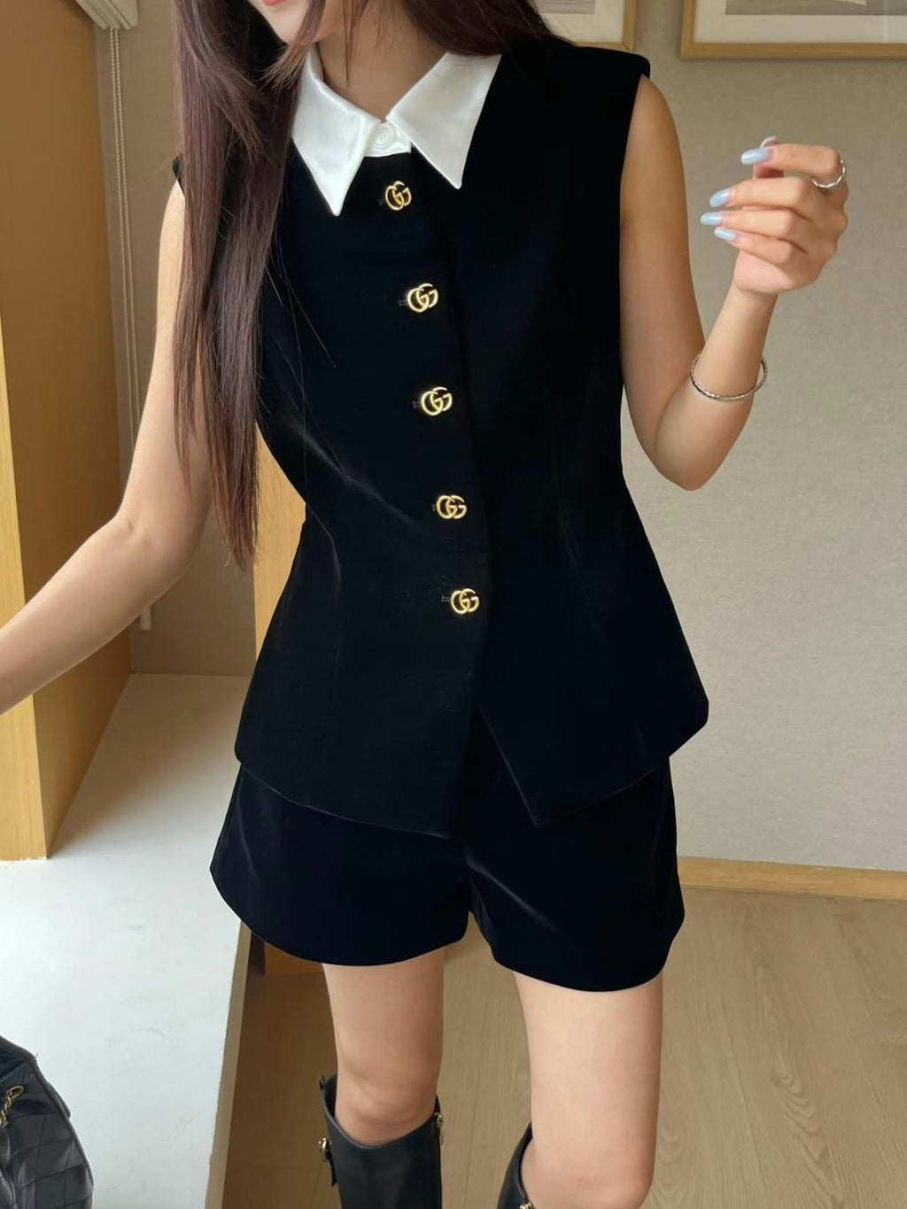 Gucci Velvet Vest and Shorts Set with White Collar and GG Buttons