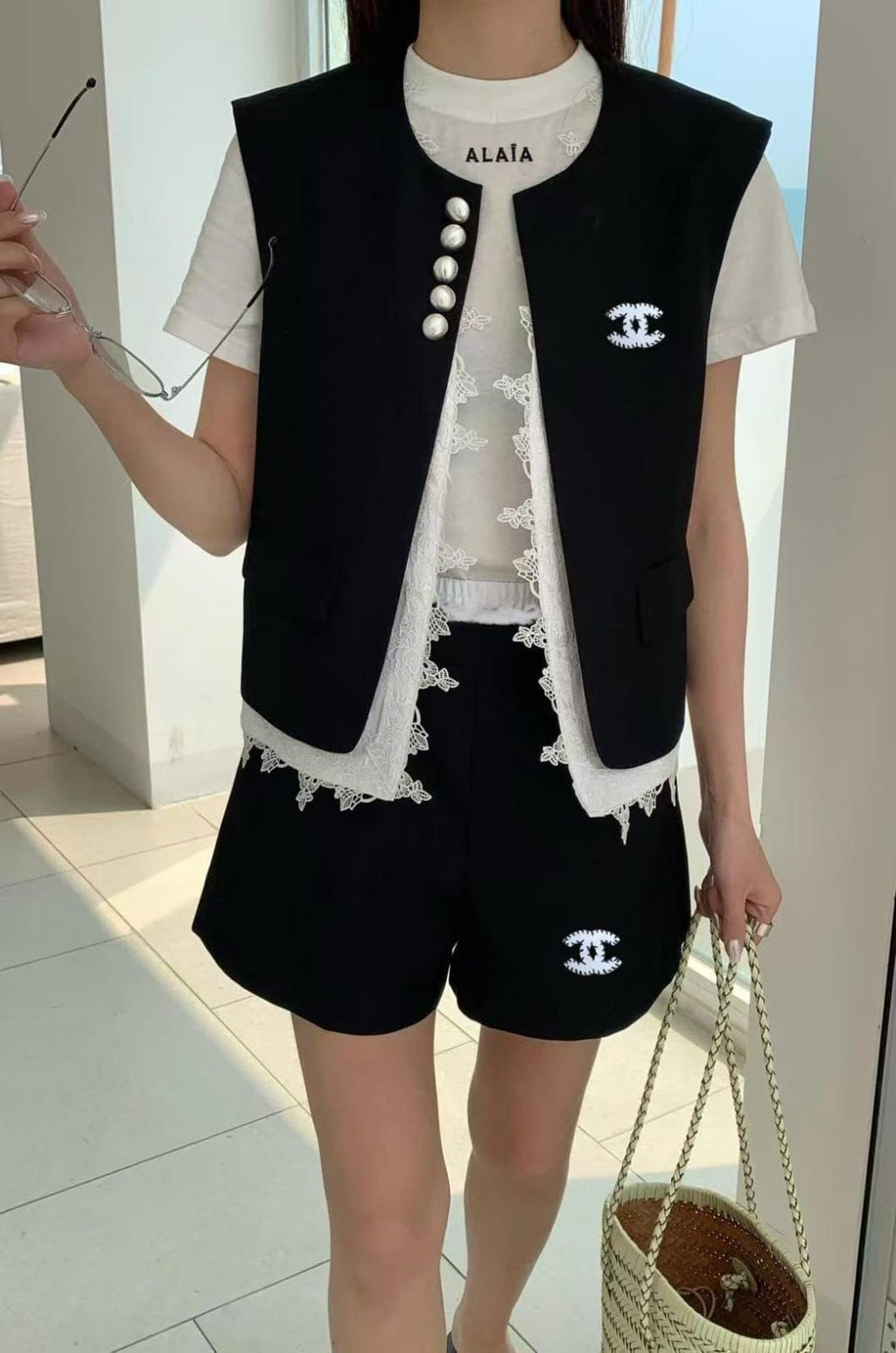 Chanel Two-Piece Set with Vest & Shorts and CC Logo