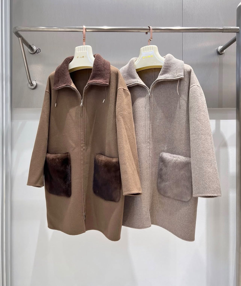 Loro Piana Cashmere Zip-Front Coat with Knit Collar and Fur Patch Pockets