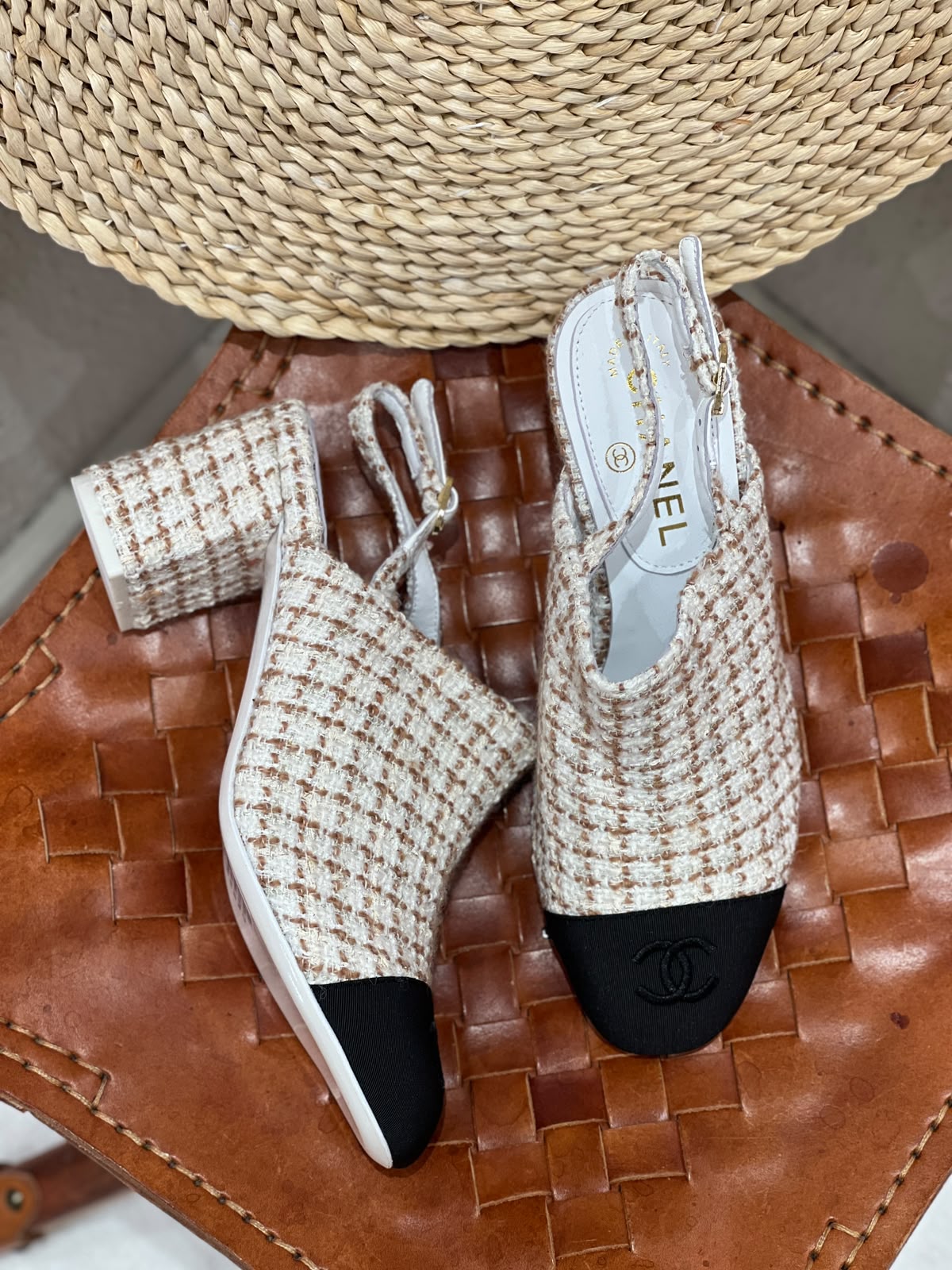 Chanel Black Tweed Sequined CC Cap-Toe Slingback Block Heel Pumps