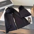 CHANEL Tonal Cable Knit Pom Pom Scarf & Beanie Set