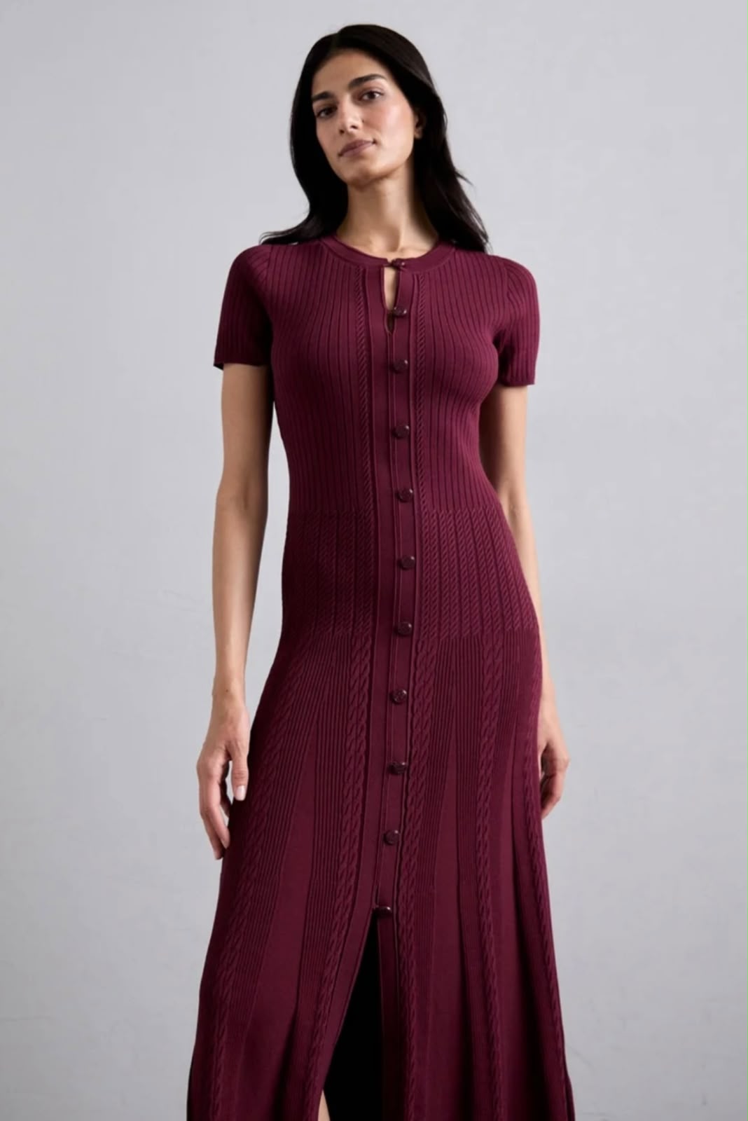 Sandro Short-Sleeve Ribbed Knit Button-Front Midi Dress