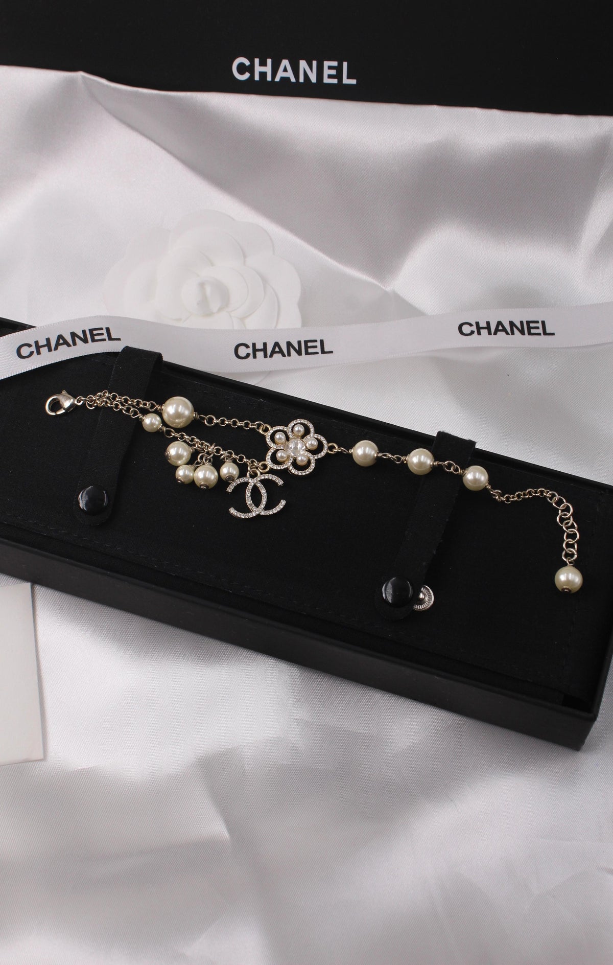 Chanel-Inspired Gold CC Pearl Chain Bracelet