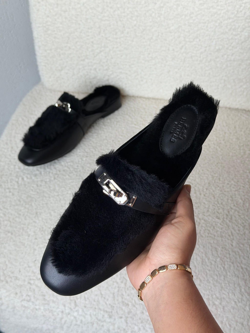 HERMES Fleece-Trim Mule Flats