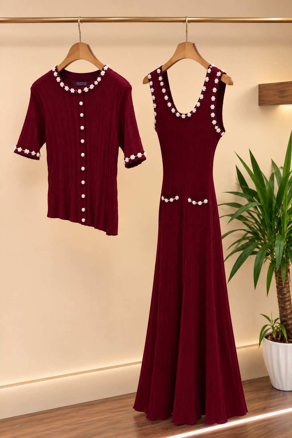 Sandro Women Pearl Flower Button Knit Cardigan & Dress Set
