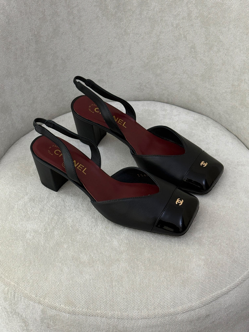 Chanel Patent Cap-Toe Slingback Pumps
