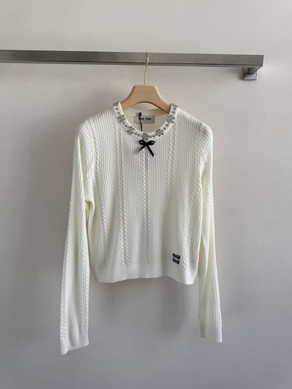 Miu Miu Crystal-Embellished Bow Cable-Knit Sweater