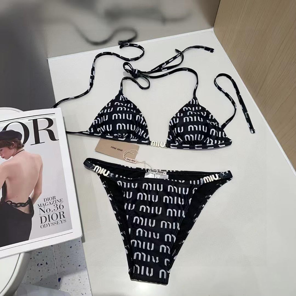 Miu Miu All-Over Logo Print Triangle Bikini Set