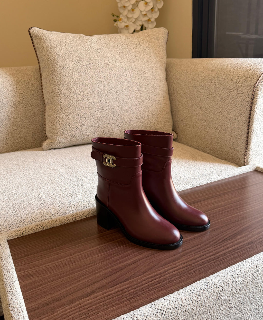 Chanel Burgundy Leather CC Logo Buckle Ankle Boots