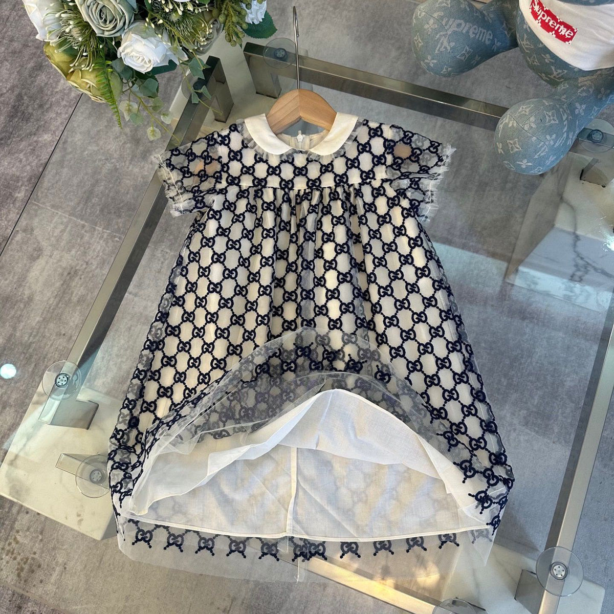 Gucci Kids Navy GG Tulle Collar Dress