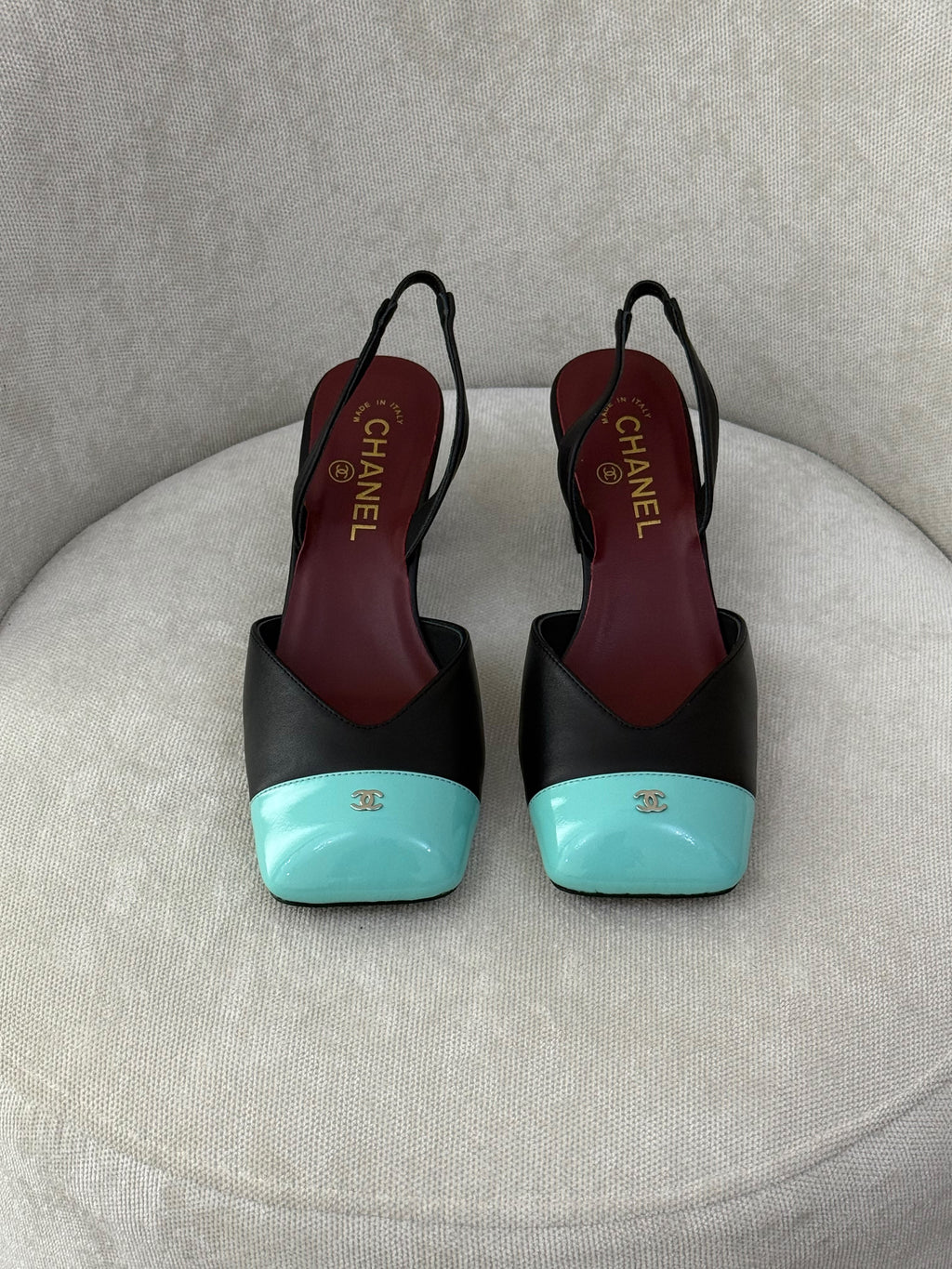 Chanel Patent Cap-Toe Slingback Pumps