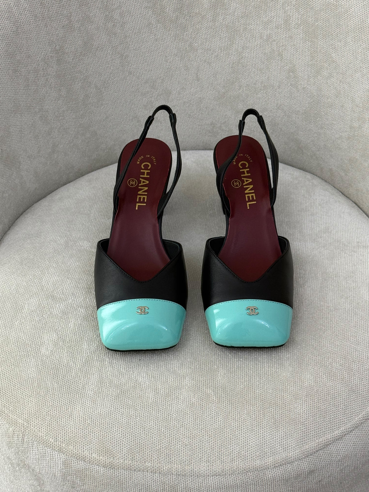 Chanel Patent Cap-Toe Slingback Pumps