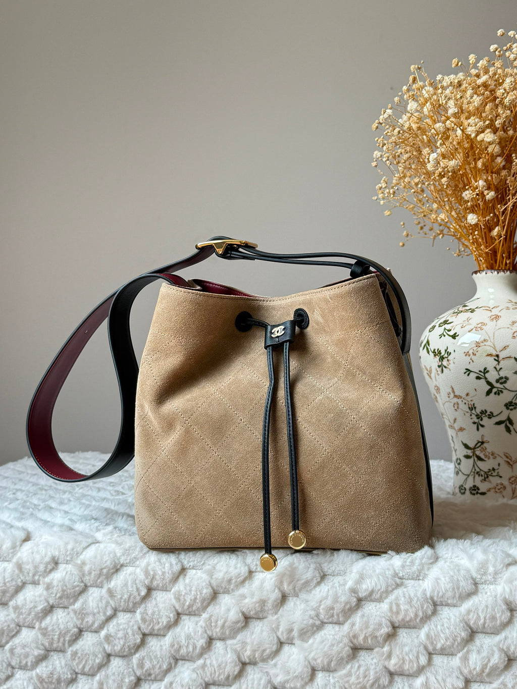 Chanel Quilted Suede Bucket Bag with Drawstring