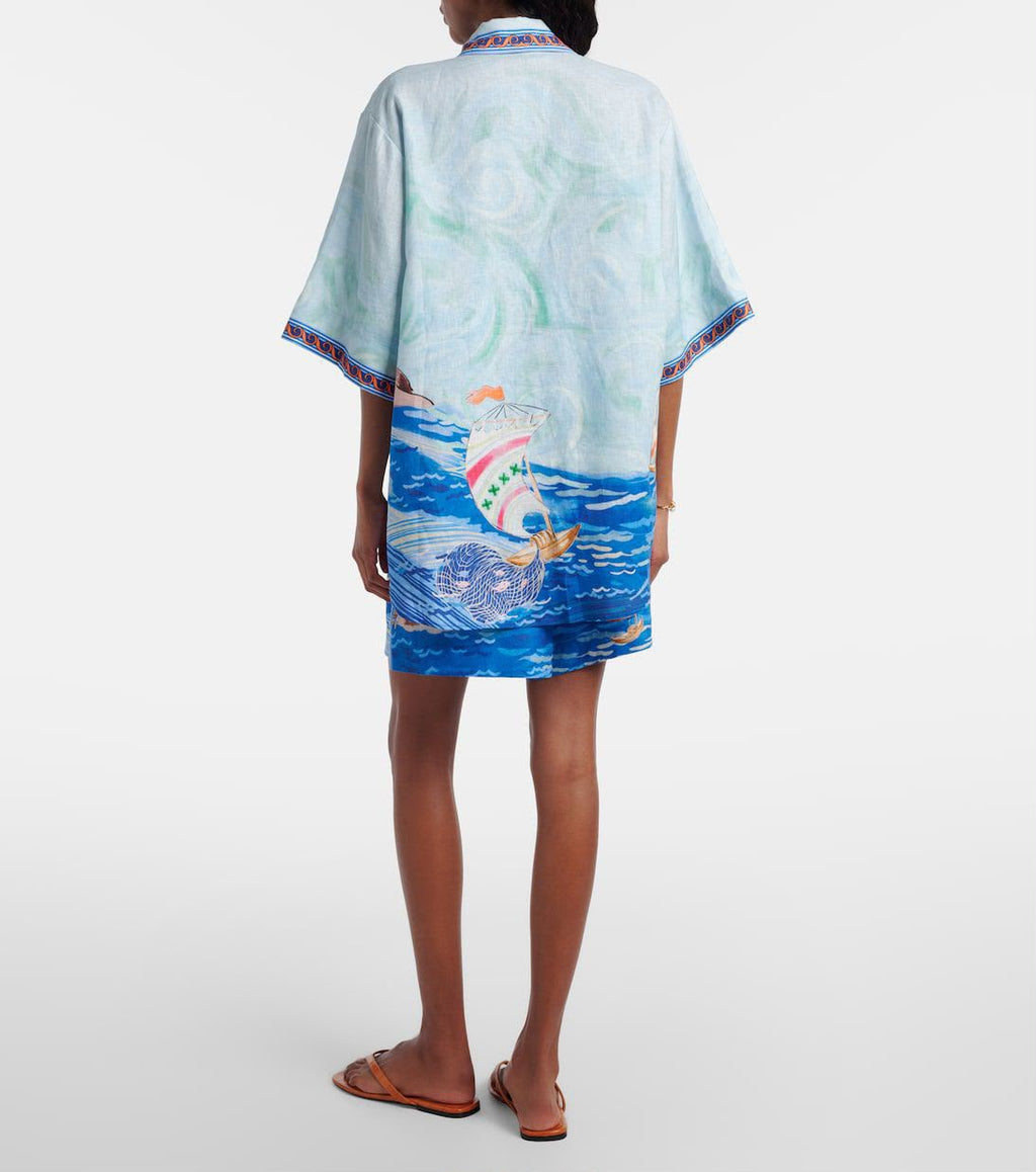 Alémais Resort Scene Print Linen Shirt and Drawstring Shorts Set