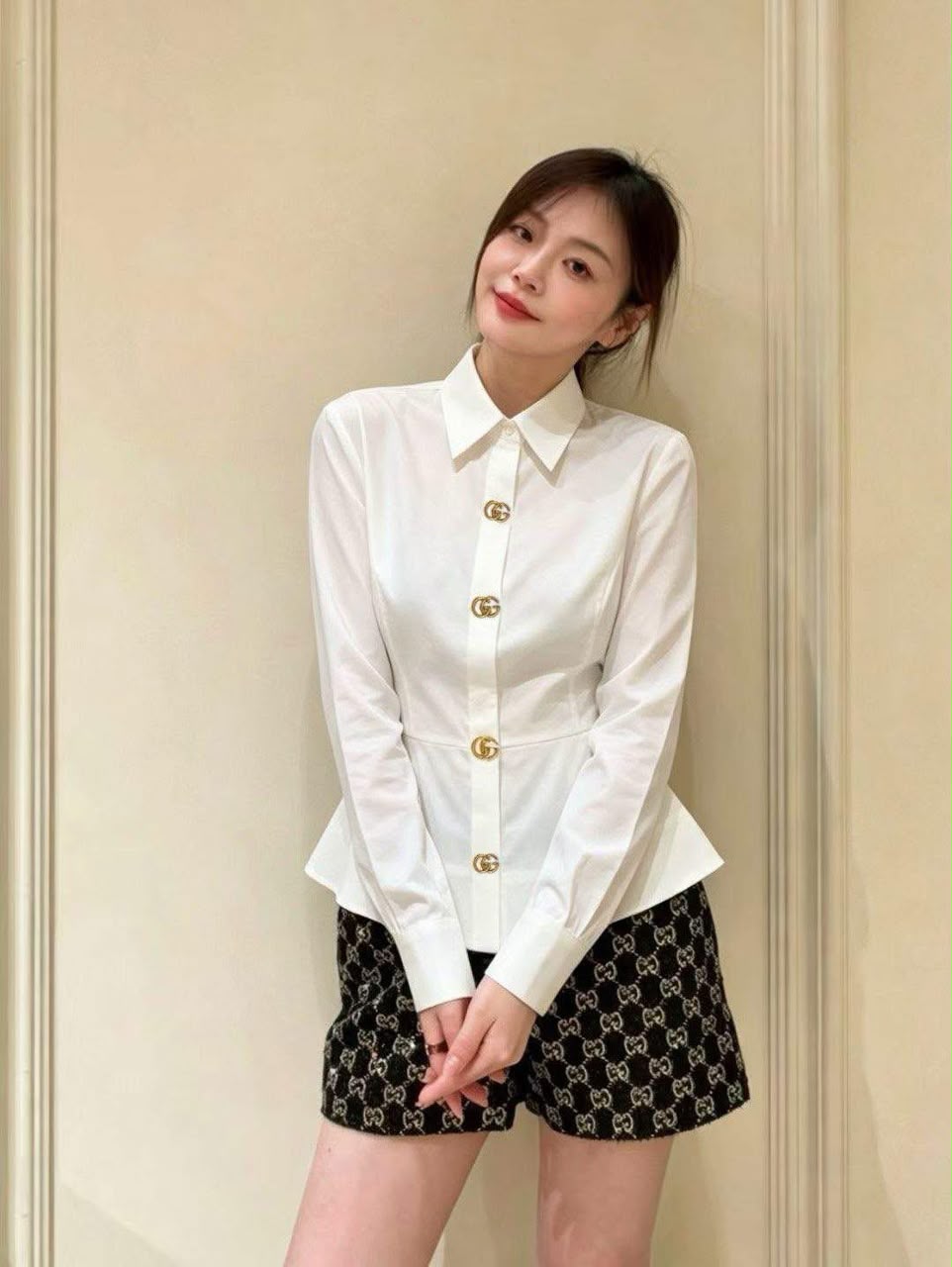 Gucci White Cotton Peplum Shirt with Gold GG Logo Buttons