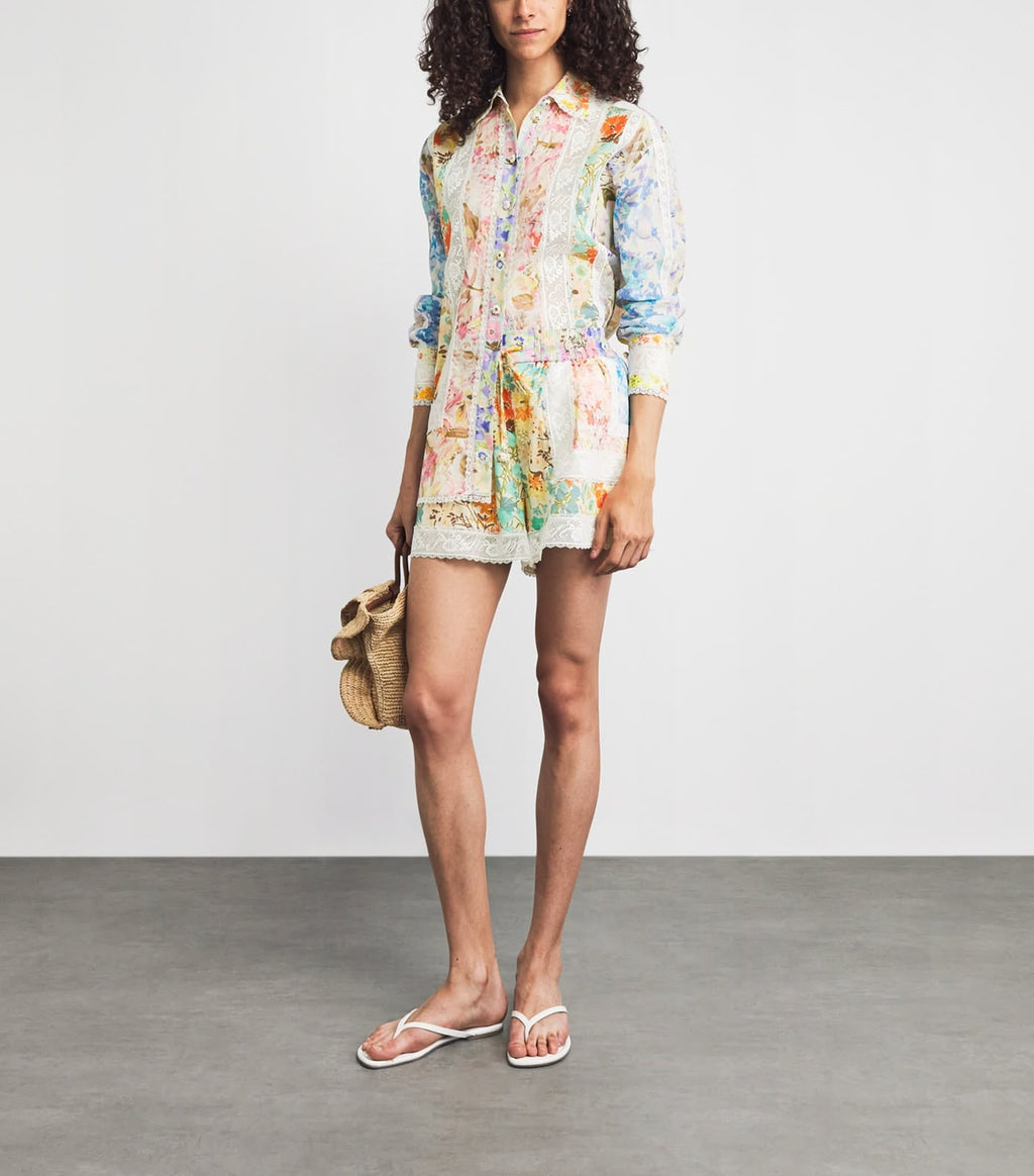 Zimmermann Patchwork Floral Silk Shirt and Shorts Set