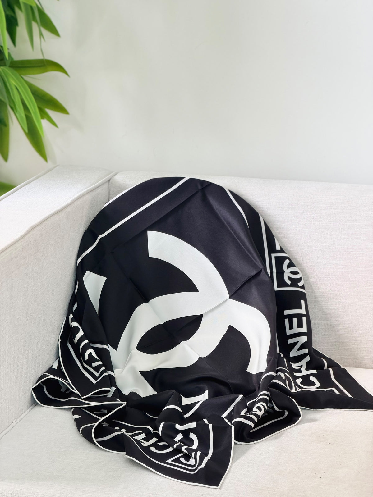 CHANEL Large emblem framed lettering Square Scarf