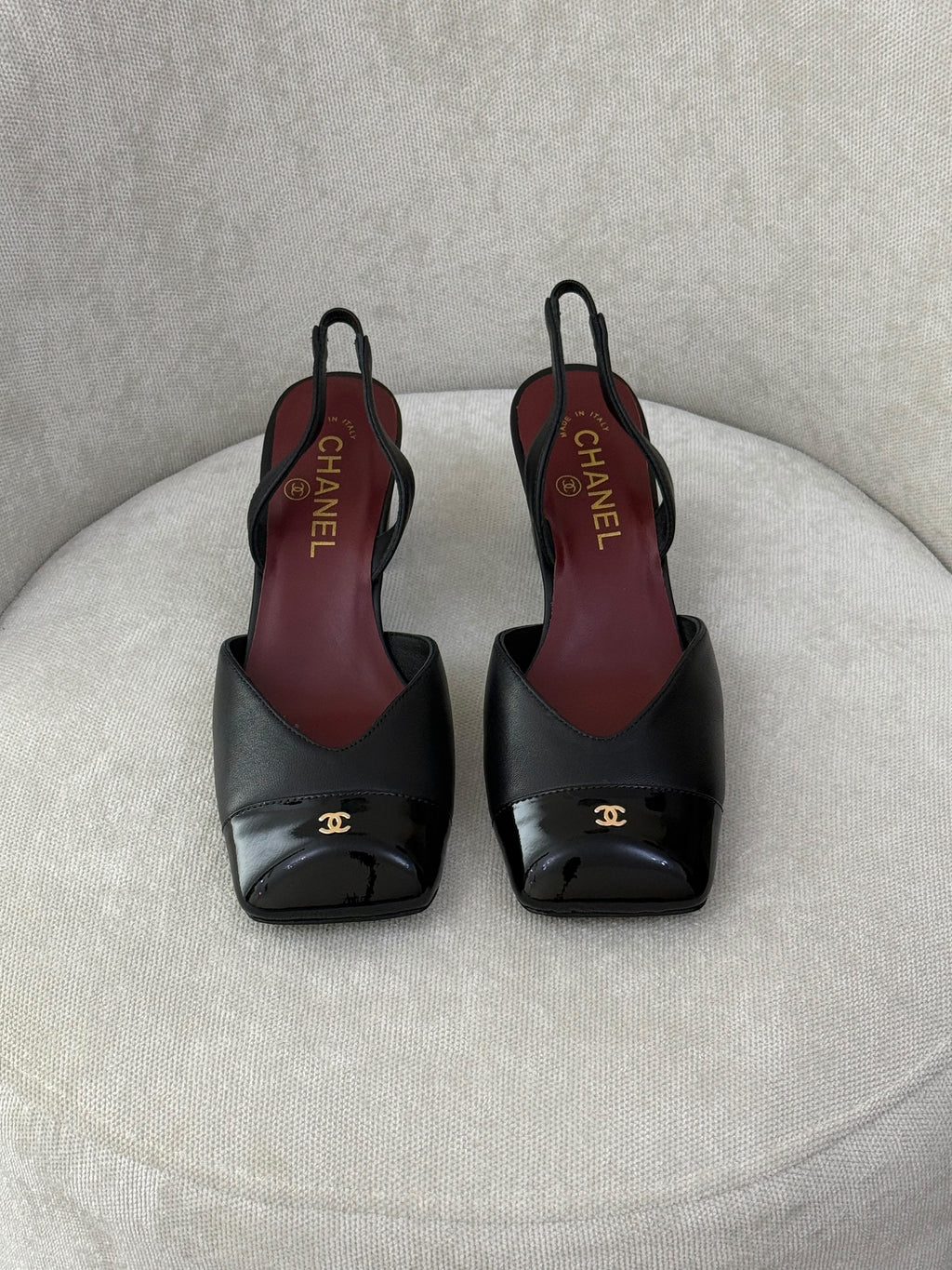Chanel Patent Cap-Toe Slingback Pumps