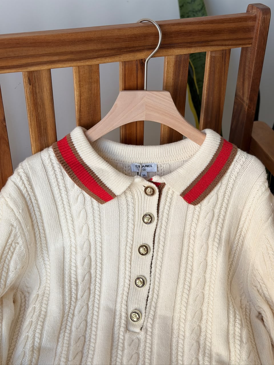 Chanel Cream Cable-Knit Polo Sweater with Red and Brown Trim