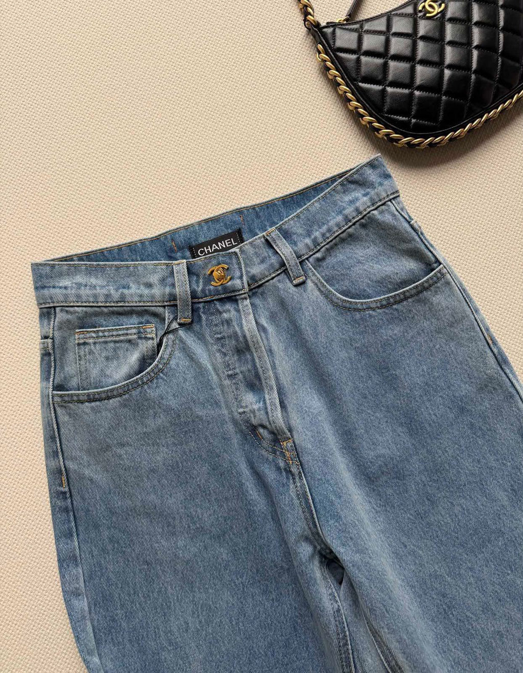 Chanel Light Wash High-Waisted Straight-Leg Denim Jeans with CC