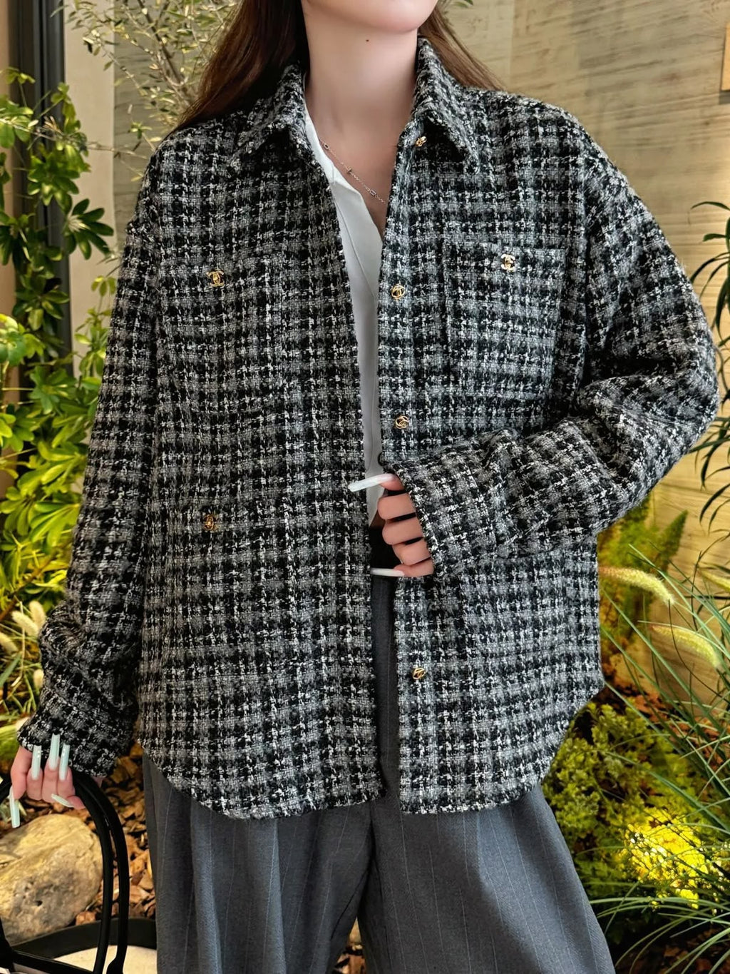 Chanel Black and Grey Plaid Tweed Oversized Shirt Jacket