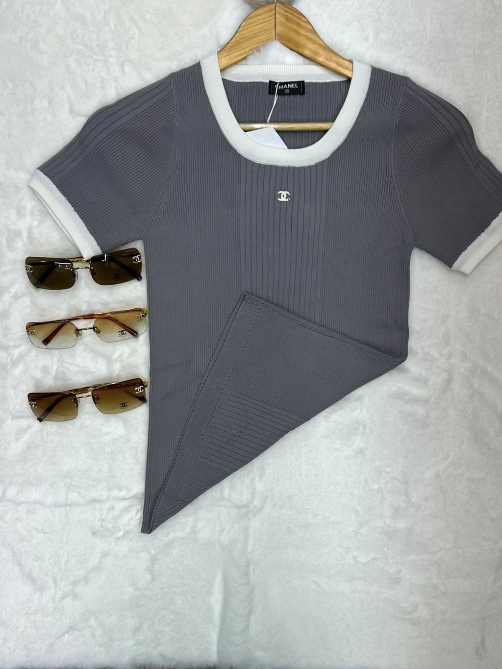 Chanel Short-Sleeve Ribbed Knit Top with Contrast Trim and CC Logo