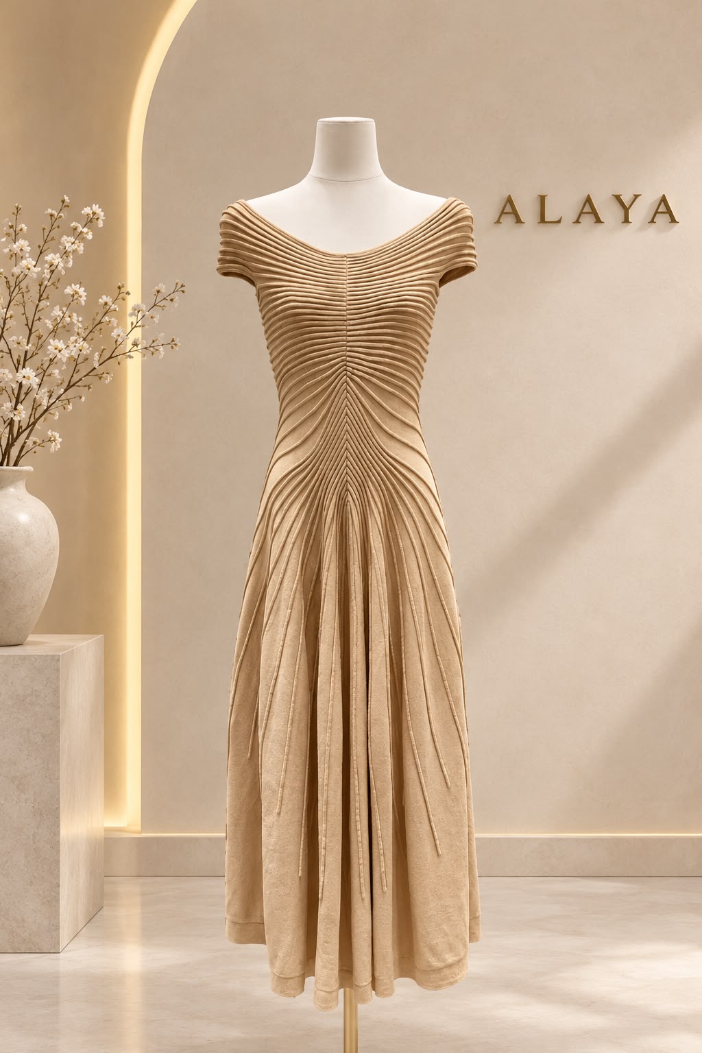 Alaïa Flared Ribbed-Knit Midi Dress in Beige