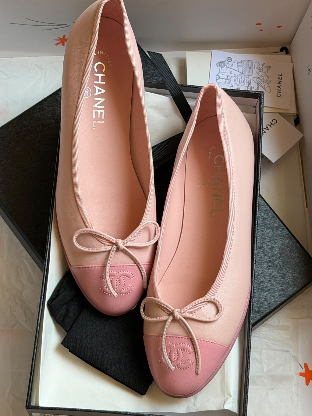 Chanel Two-Tone Pink Leather Ballet Flats with Bow & CC Logo