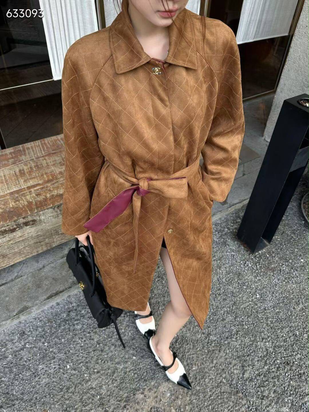 Chanel Suede Quilted Long Trench Coat with Belt)