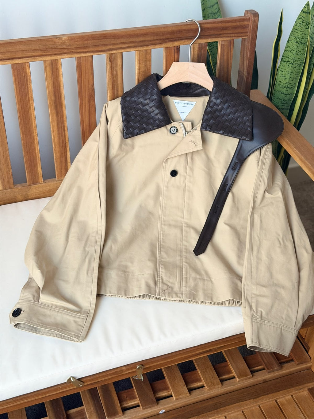 Bottega Veneta Crop Jacket with Contrast Woven Leather Collar