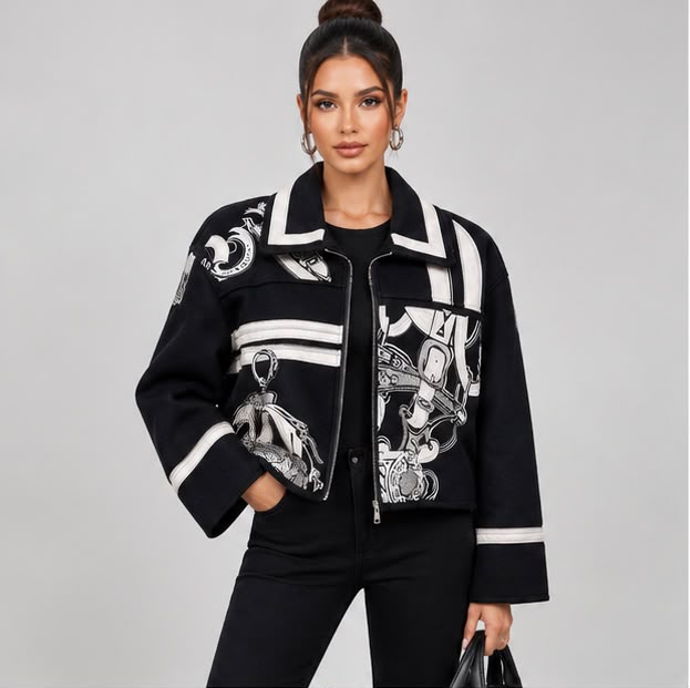 Hermès Printed Silk-Twill and Wool Cropped Jacket with Equestrian Motif
