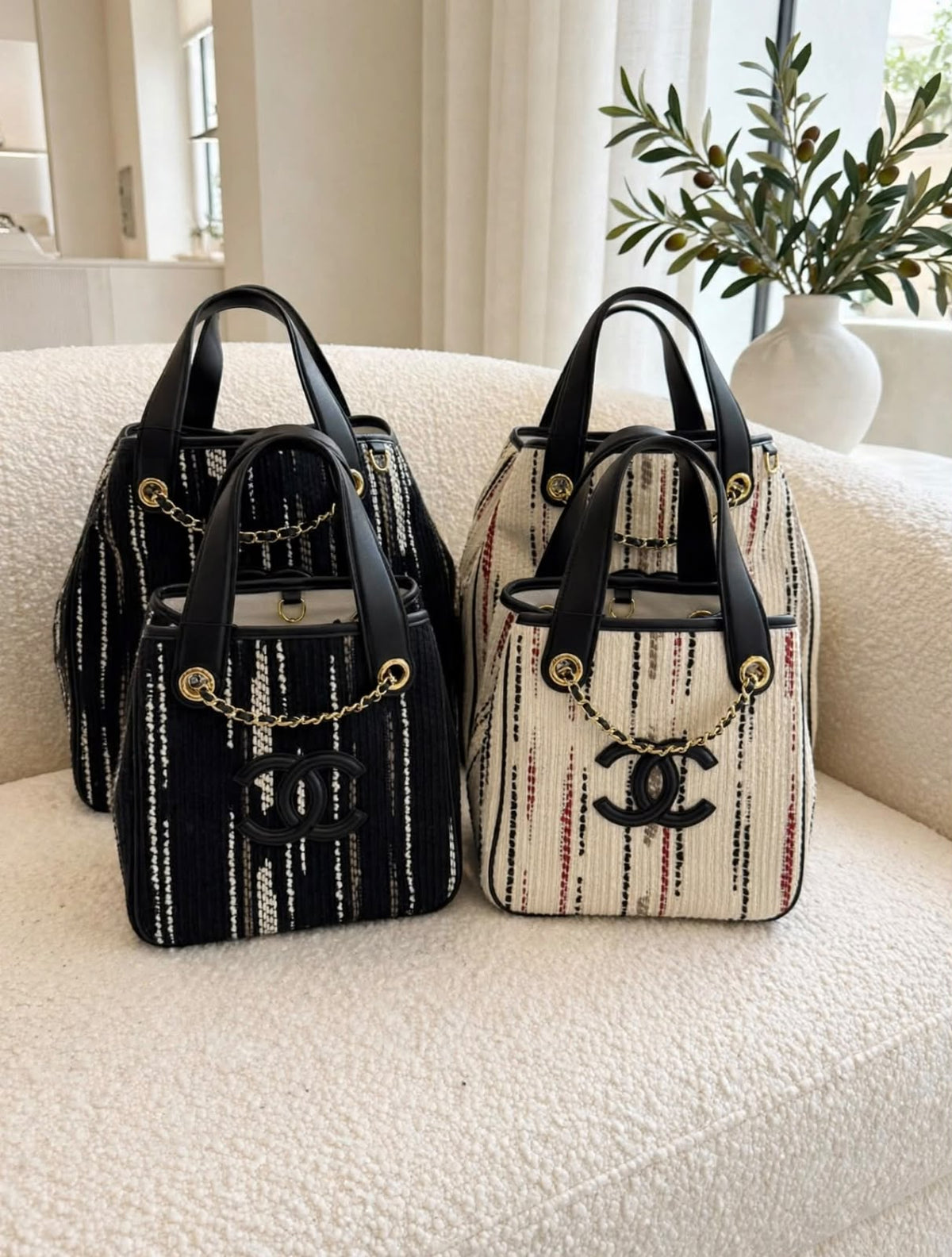 CHANEL Striped Chain Detail Tote Bag