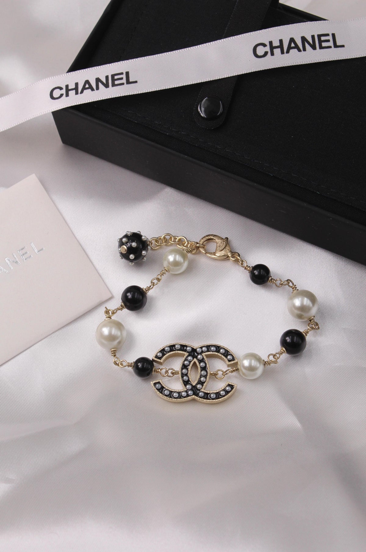 Chanel-Inspired Gold CC Bracelet with Black & White Pearls