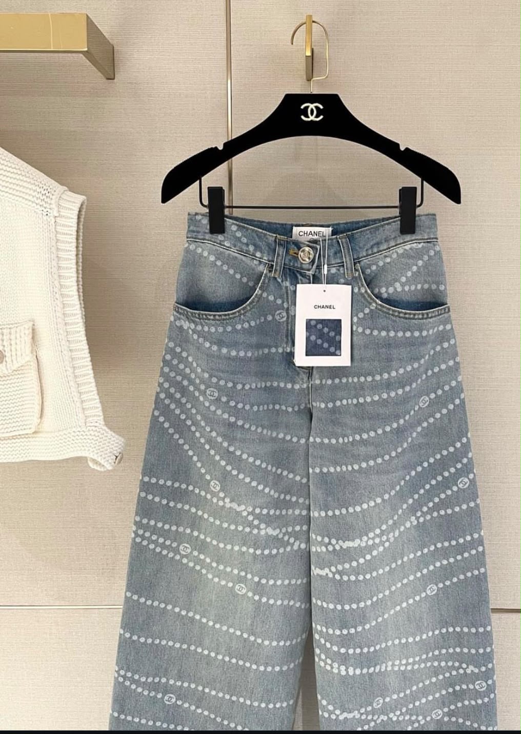 Chanel Pearl Strand Motif Printed Denim Jeans
